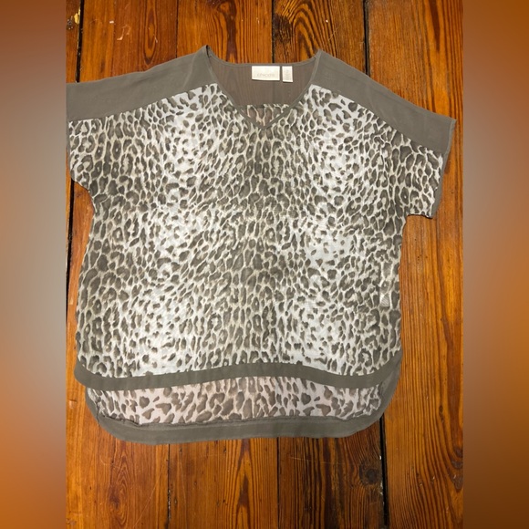 Chico's Animal Print Sheer Tunic Blouse Size L Brown Ivory Oversized Boxy Flowy - Picture 10 of 13
